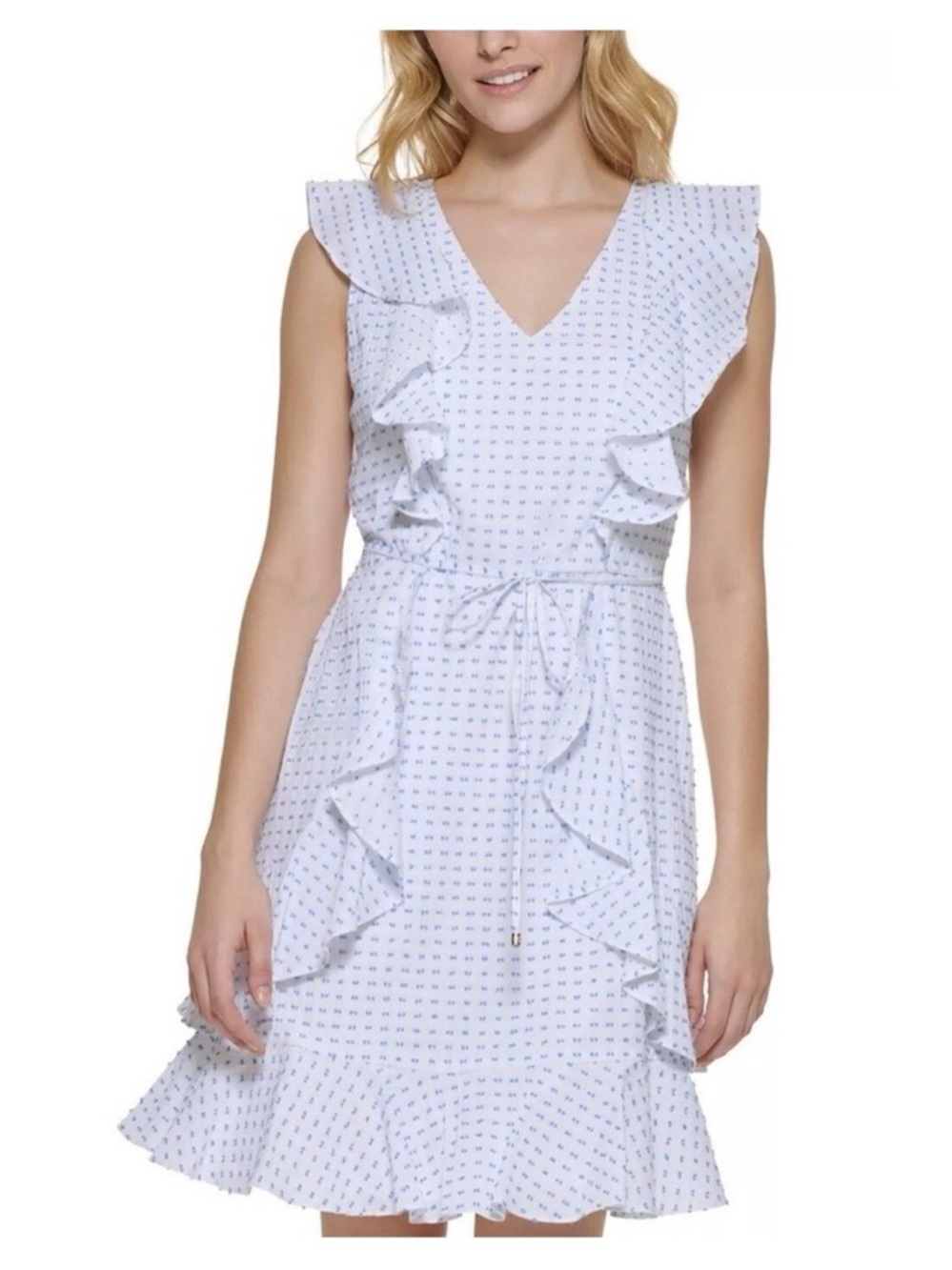 Tommy Hilfiger White & Blue Ruffle Dress – Size 12 fit & flare dress